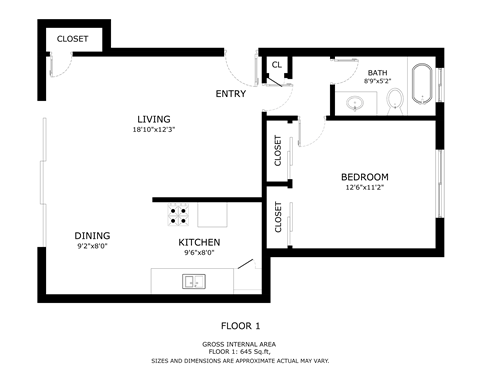 Floor plan for 1 bed, 1 bath